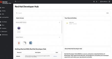 RHDH Local running in a browser and displaying a lightly modified home page view.